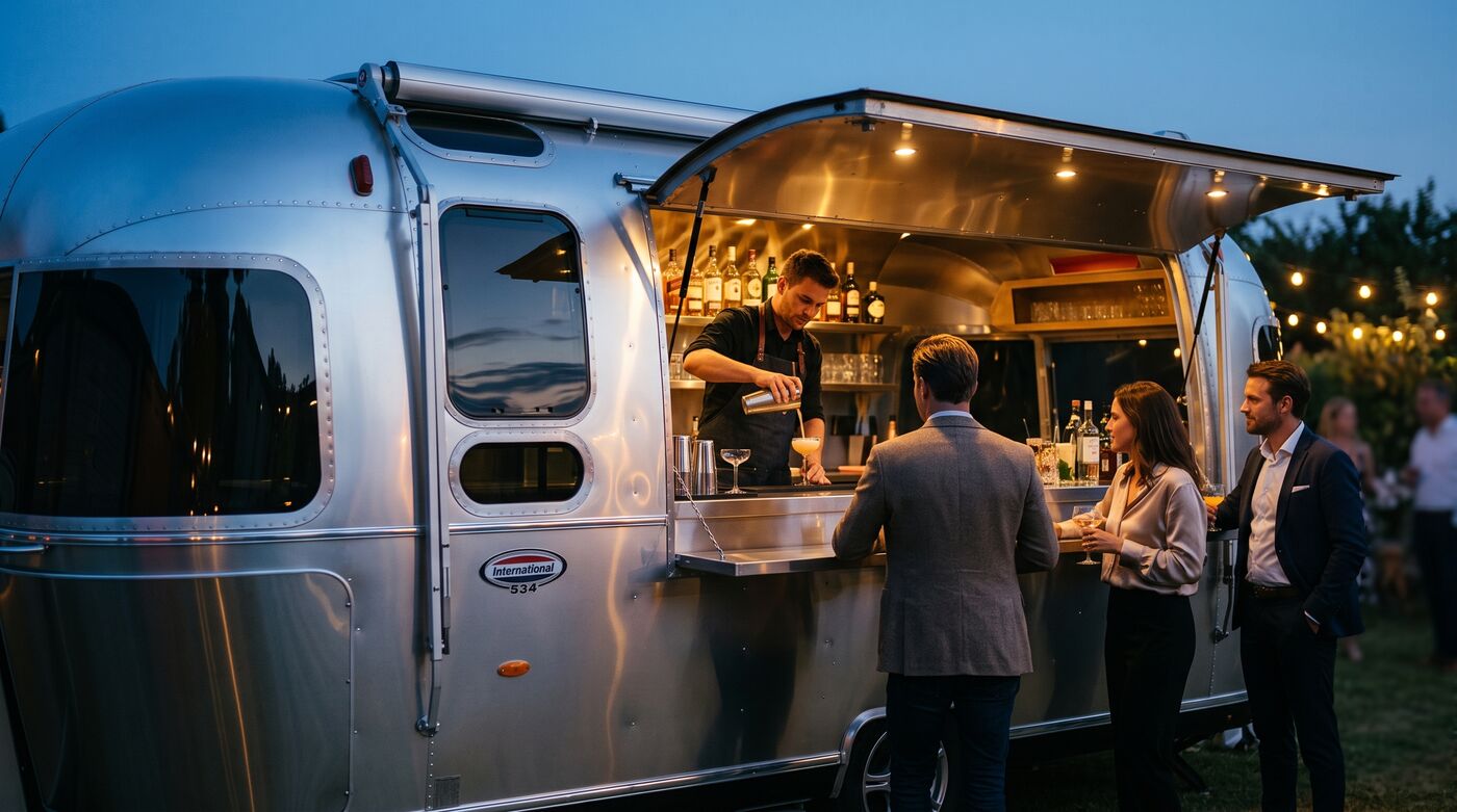 Der Airstream als beleuchtete Cocktailbar am Abend